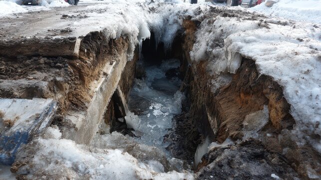 Slab Leak. Sewer Pipes Burst in Cold Winter, causing Water Leak Accident