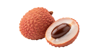 Pair of peeled and unpeeled lychees collection, isolated on transparent background