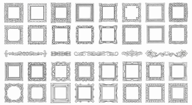 Set of decorative square frames and ornamental dividers. Ornate vintage borders collection vector illustration