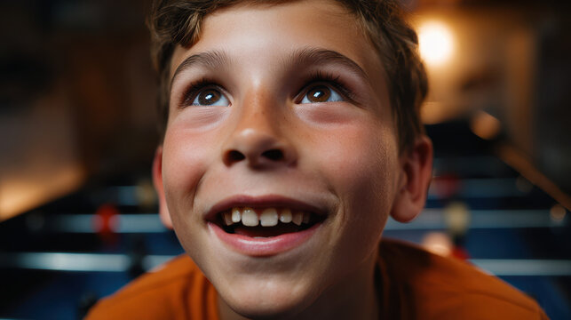 Happy boy smiling with bright eyes and missing tooth close up portrait indoors with warm light - Powered by Adobe
