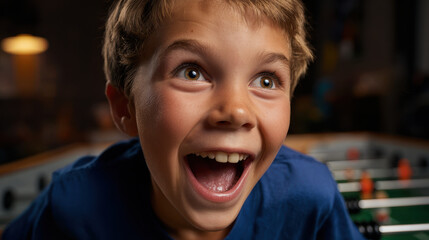 Excited boy with open mouth playing foosball indoors, showing joyful expression and bright eyes in casual setting
