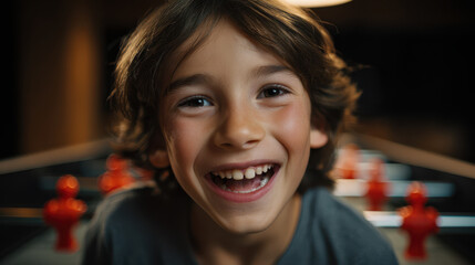 Happy child smiling with missing teeth playing foosball indoors in warm light