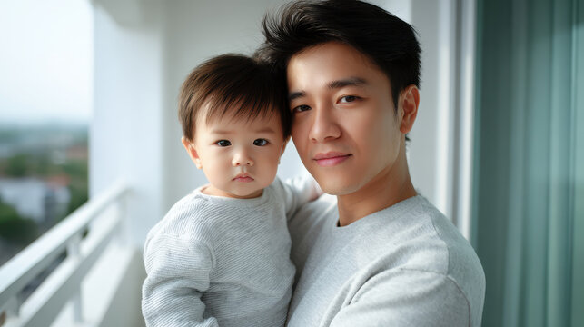 Young father holding baby boy in gray sweater with calm expression indoors near window - Powered by Adobe