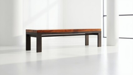 Modern wooden bench in a bright, minimalist space