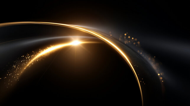 Elegante geschwungene goldene Lichtwellen mit Sternenpartikeln auf dunklem Hintergrund