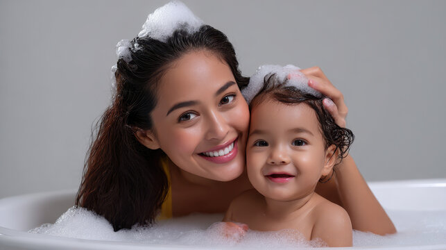 Mother and baby enjoying bubbly bath together, sharing joyful moments with smiles and gentle care in cozy bathroom setting