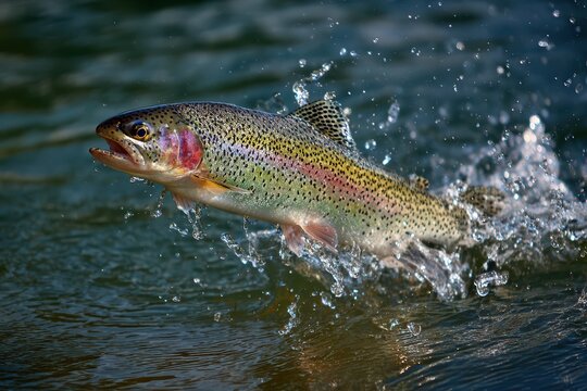 Speckled Trout In Water. Wild Rainbow Trout Jumping in Freshwater for Angling Recreation - Powered by Adobe