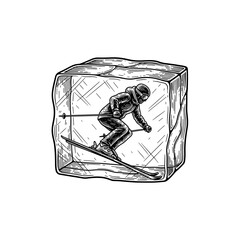 Skier performing tricks inside ice block in monochrome design  