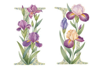Botanical Alphabet I Watercolor Flower Letter vector illustration