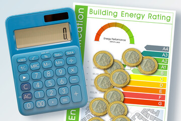 BUILDINGS ENERGY EFFICIENCY AND COSTS CONCEPT WITH ENERGY CLASSES ACCORDING TO THE NEW EUROPEAN LAW - Efficiency rating concept with calculator and Euro coins