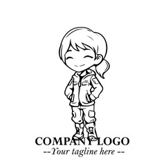 Black and White Chibi Girl Standing in Jacket, Pants, and Boots. Simple Bold Vector Illustration

