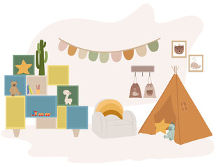 Children playroom with reading chair, play tent and colorful storage cubes. Cozy vector illustration for modern kids interior