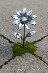 Unique metal flower growing through pavement in urban setting