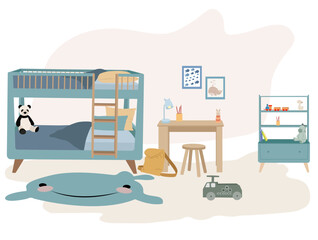 Modern kids bedroom with bunk bed, desk and toys. Cozy top view vector illustration for children room decor