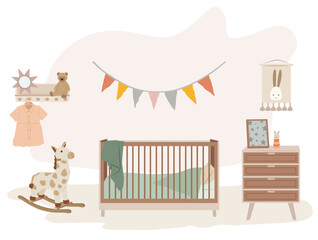 Baby nursery with wooden crib, toys and colorful garland. Cozy minimalist vector illustration for modern nursery design