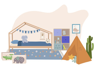 Cute children bedroom with play tent, house bed and cactus decor. Modern vector illustration for kids interior design