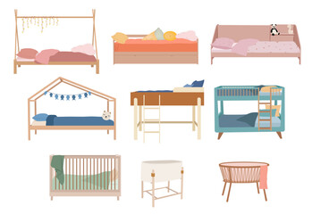 Kids beds and baby cribs vector set. Modern nursery furniture collection with bunk bed, house bed, baby cot and changing table.