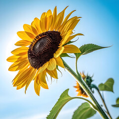 Bright sunflower blooming under blue sky with scattered white clouds