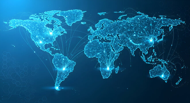 Blue world map illustration showing global network and communication concept