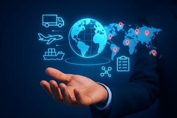 Seamless global logistics with a world map and icons hovering above a hand, symbolizing international trade, supply chain management, and worldwide delivery networks