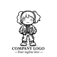 Black and White Chibi Girl Standing in Jacket, Pants, and Boots. Simple Bold Vector Illustration
