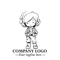 Black and White Chibi Girl Standing in Jacket, Pants, and Boots. Simple Bold Vector Illustration
