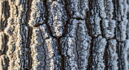 Fototapeta premium Delicate Frost Crystals Adorning Oak Tree Bark, A Winter's Embrace