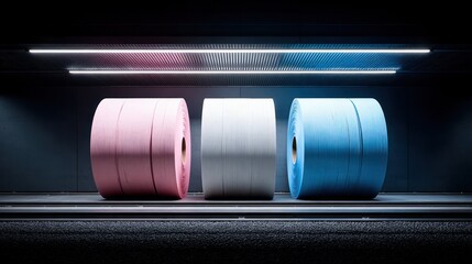 Three large rolls of colored paper sit on a conveyor belt under a strip light