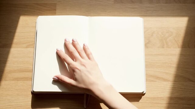 The touch of creativity: A delicate hand gently rests upon the pristine pages of an open notebook, bathed in soft sunlight, hinting at the boundless possibilities of writing and thought.