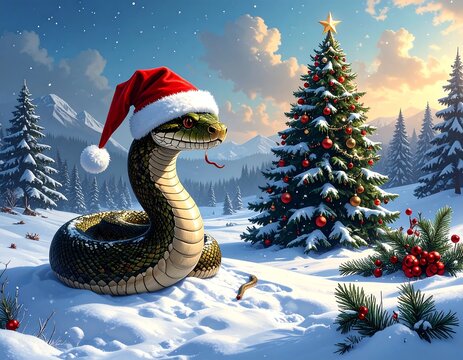 Snake in Santa hat by Christmas tree - Powered by Adobe
