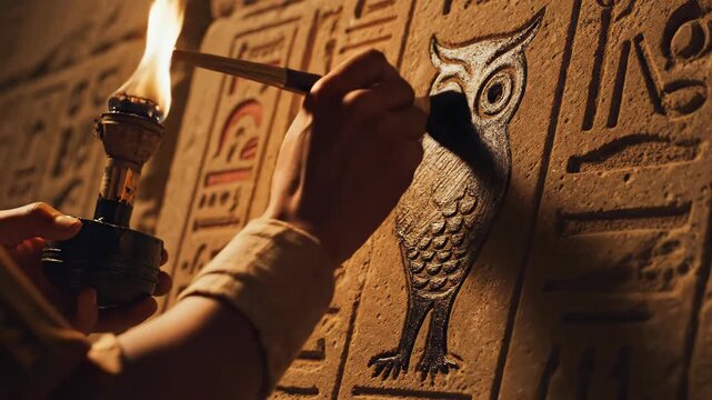 In a softly lit tomb, a skilled artisan carefully recreates an ancient owl engraving.