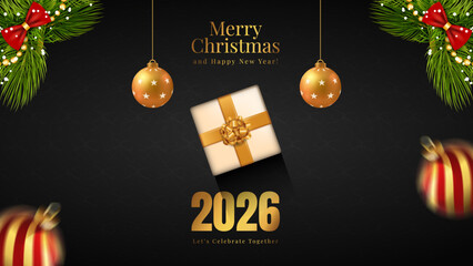 Luxury Christmas, New Year 2026 Banner Design, Merry Christmas Happy New Year 2026 Dark Background, Elegant 2026 New Year Party Invitation with Christmas Ornaments, Holiday Celebration Poster