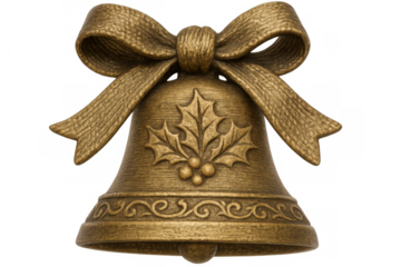 Golden christmas bell ornament with holly and bow, celebrating holiday season traditions, symbol of festive joy