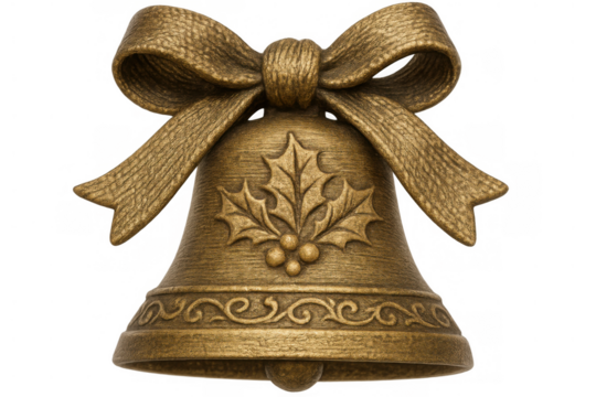 Golden christmas bell ornament with holly and bow, celebrating holiday season traditions, symbol of festive joy