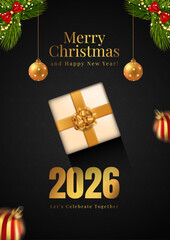 luxury christmas, happy new year 2026 poster, golden 2026 holiday party invitation dark background, elegant merry christmas greeting card with gift box, modern winter holiday social media flyer vector