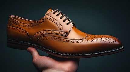 Elegant tan leather wingtip dress shoe held in hand showing craftsmanship and style