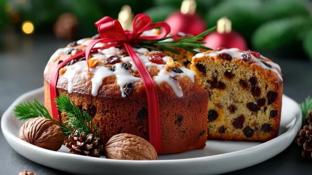 Festive holiday fruitcake with white icing, dried fruits and a red ribbon on a white plate, styled with pinecones and ornaments for a cozy seasonal dessert scene