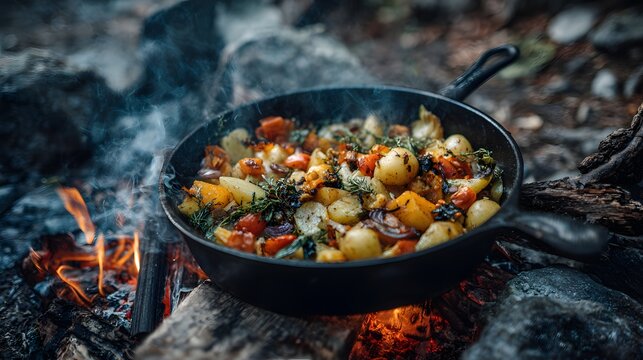 Cast iron skillet filled with cooked vegetables rests over glowing campfire embers outdoors - Powered by Adobe
