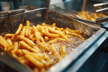 Close up of French fries being deep fried in hot bubbling oil with bubbles and splashes. Fryer with French fries frying close-up with boiling oil. The oil boils for potatoes. Clean kitchen. Fast food