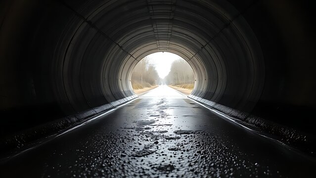 undernourishment. A concrete drainage pipe under a road, wet interior with dripping water, tunnel perspective. real-estate listings.