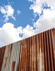 Rusty corrugated metal wall under a cloudy sky