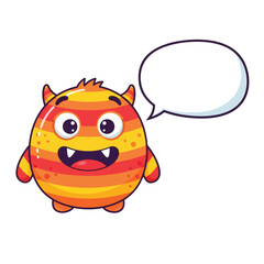 Round Orange Striped Monster with Speech Bubble – Bright Flat Design