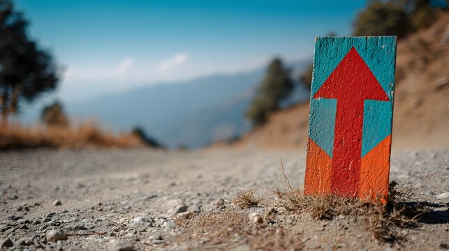 Painted wooden marker with upward arrow points along a rough, unpaved road into distant hills.