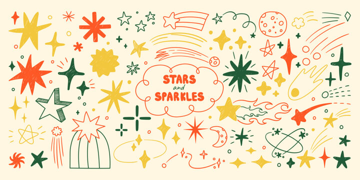 Doodle star shapes, sparkles and space drawings. Holiday stars design elements for party, Birthday, Christmas and New Year celebration. Quirky vector graphic