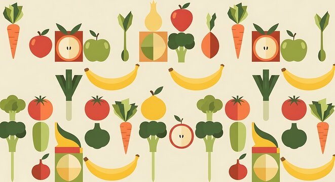 Colorful Flat Lay Illustration of Various Fruits and Vegetables Pattern.