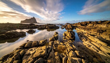 Rocky Beach Shoreline With Dramatic Clouds and Coastal Rock Formation at Sunrise Reflecting in Calm Water with Footprints in Sand