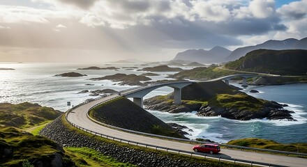 Panoramic coastal road with bridge, islands and mountains in Norway sunlight