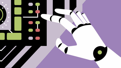 Illustration of a robot hand interacting with a control panel interface on a purple background on transparent background silhouette
