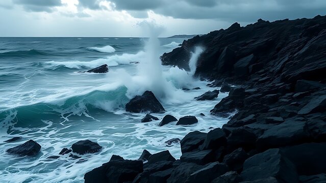 oligarchy. Ocean waves crashing against a dark rocky coastline with a stormy sky. travel magazines, destination branding, designed for outdoor magazines and nature guides.
