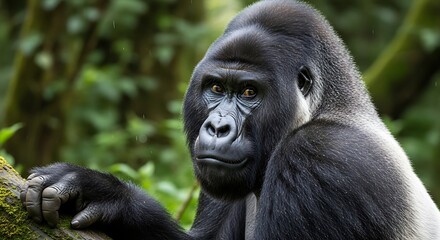 Obraz premium Portrait of a majestic silverback gorilla with thoughtful expression in forest setting